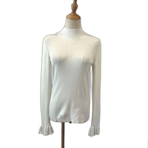 COS Beige Ivory Knit Mock Neck Sweater Ruffle Sleeves Ribbed Small - Picture 1 of 7